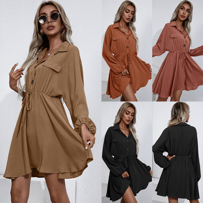 Chic Women’s Button-Down Shirt Dress with Elastic Waist