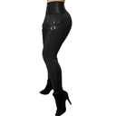 Chic Women's High-Waisted Leggings with Stylish Straps and Zipper