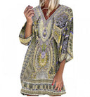 Women's Kaftan Dress with Deep V-Neck & Trumpet Sleeves