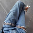 Rhinestone-Embellished Women's Jeans with Trendy Cutouts