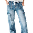 Wide Leg Women's Cargo Jeans with Adjustable Waist