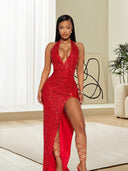 Elegant Sequin Dress with Deep V-Neck & High Slit