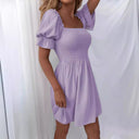 Chic Women's Puff Sleeve Short Dress with Gathered Bodice