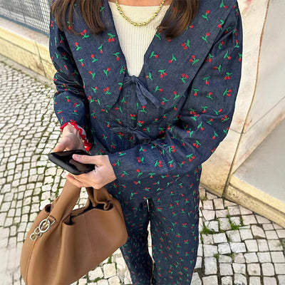 Chic Floral Print Women’s Long Trousers with Elastic Waist and Pockets