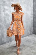 Chic Women's Striped Short Sleeve Dress with Ruffle and Drawstring Detail