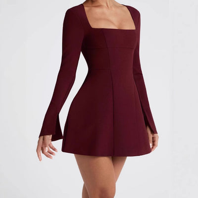 Chic Square Neck Mini Dress with Flared Sleeves