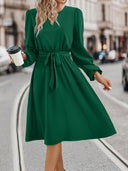 V-Neck Women's Dress with Waist Belt and Long Sleeves