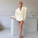 Floral Design Blazer Jacket with Waist Belt for Women