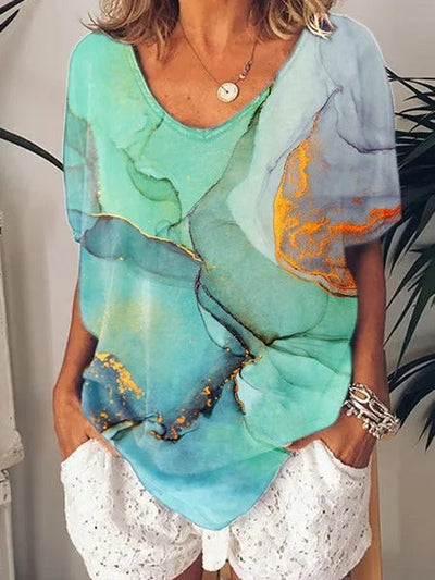 Chic V-Neck T-Shirt with Abstract Print for Women