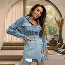 Chic Women's Checkered Blouse & Denim Skirt Set
