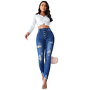 Chic High-Waist Skinny Jeans with Ripped Accents and Button Design
