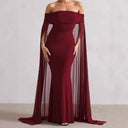 Chic Off-Shoulder Evening Dress with Sheer Cape and Flattering Design