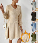 Women's V-Neck Long Sleeve Fleece Dress – Chic & Cozy Style