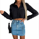 Women's Cropped Blouse with Stylish Collar and Glossy Design