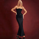 Women's Long-Sleeved Evening Dress with Structured Bodice and Ruffled Waistline