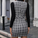 Checked Design Women's Short Sleeve Dress with Deep V-Neck