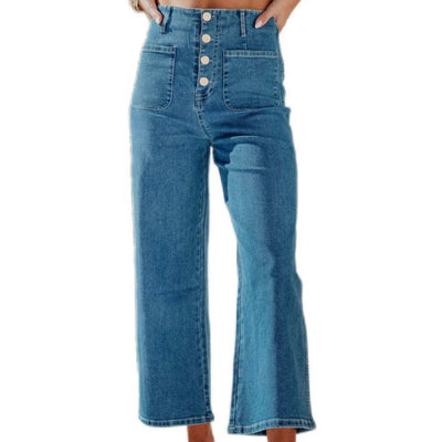 Chic High-Waisted Baggy Jeans with Button Placket & Side Pockets