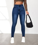 High-Waist Skinny Jeans with Faux Pockets and Elastic Waistband for Women