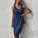 Women's Midi Dress with High Collar and Adjustable Belt