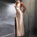 Chic Evening Dress with Deep V-Neck and Flowy Slit