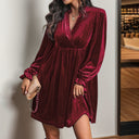 Chic Velvet Dress with V-Neck & Puff Sleeves