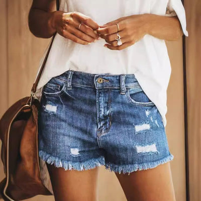 Frayed Hem Denim Shorts with Distressed Style for Women