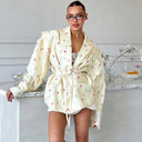 Floral Design Women's Blazer Jacket with Waist Belt