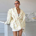 Floral Design Women's Blazer Jacket with Waist Belt