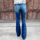 Trendy High-Waist Flared Jeans with Distressed Design