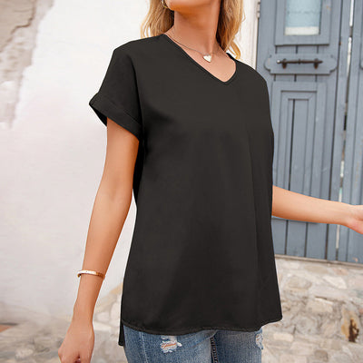 Chic V-Neck Blouse with Pleats and Side Slits