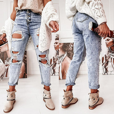 Distressed Women's Boyfriend Jeans with High Waist Design
