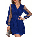 Sequin-Embellished Women's Cocktail Dress with Sheer Sleeves
