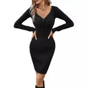 Textured Rib Midi Dress with V-Neck for Women