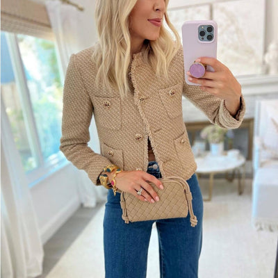 Chic Textured Blazer Jacket with Gold Accents for Women