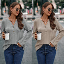 Textured Long Sleeve Blouse with Button Accents