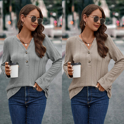 Textured Long Sleeve Blouse with Button Accents