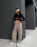 Women's Cargo Pants with Elastic Waist and Side Pockets