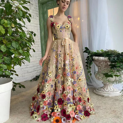 Embroidered Tulle Dress with Waist Belt - A-Line Design