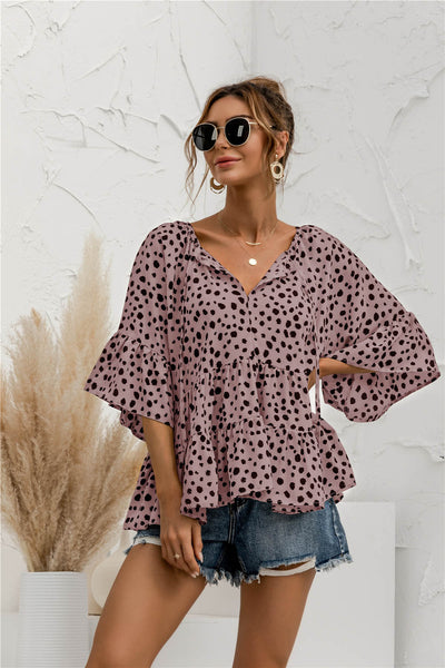Chic Ruffle Detail Blouse with Modern Polka Dot Design