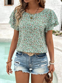 Floral Ruffle Short Sleeve Blouse for Women