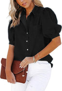 Women's Denim Blouse with Balloon Sleeves & Chest Pocket