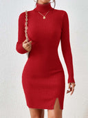 Fitted Ribbed Dress with High Collar & Side Slit