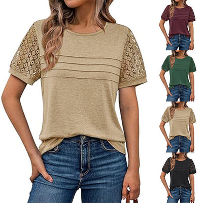 Chic Women's T-Shirt with Crochet Sleeves