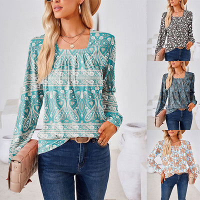 Floral Long Sleeve Blouse with Chic Square Neck