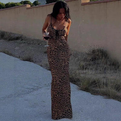 Women's Leopard Print V-Neck Dress with Adjustable Straps