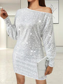 Chic Mini Dress with Asymmetrical Neckline & Balloon Sleeves