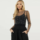 Chic Pearl-Embellished Sheer Sleeve Top