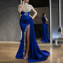 Chic Evening Dress with Lace Appliqués & High Slit
