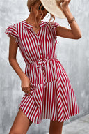 Chic Women's Striped Short Sleeve Dress with Ruffle and Drawstring Detail