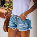 Trendy Women's Distressed Denim Shorts with Fringe Detail